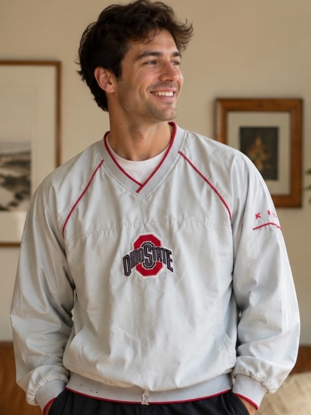 Ohio State Vintage Gray Pullover Windbreaker Sweater with Red Trim. Size: Large